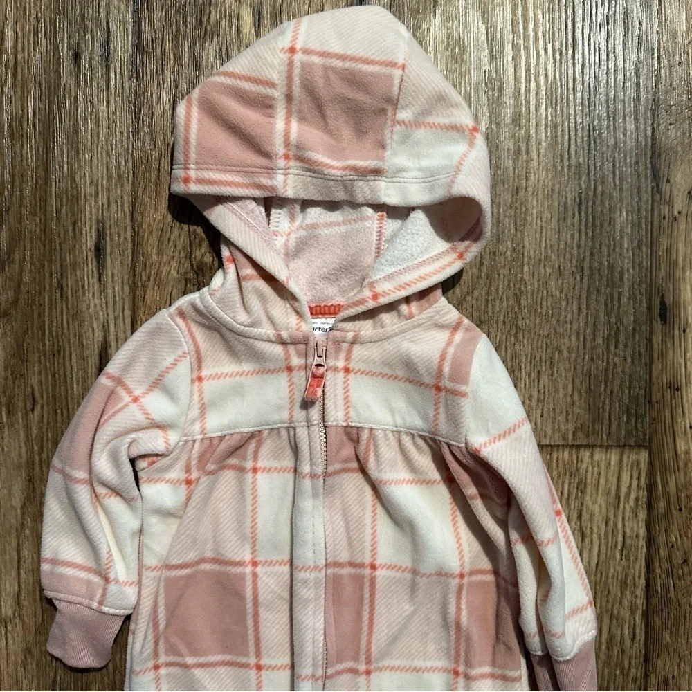 Carter’s Baby Girl Fleece Jumpsuit 6M Pink Plaid Hooded Coverall Zip EUC‎